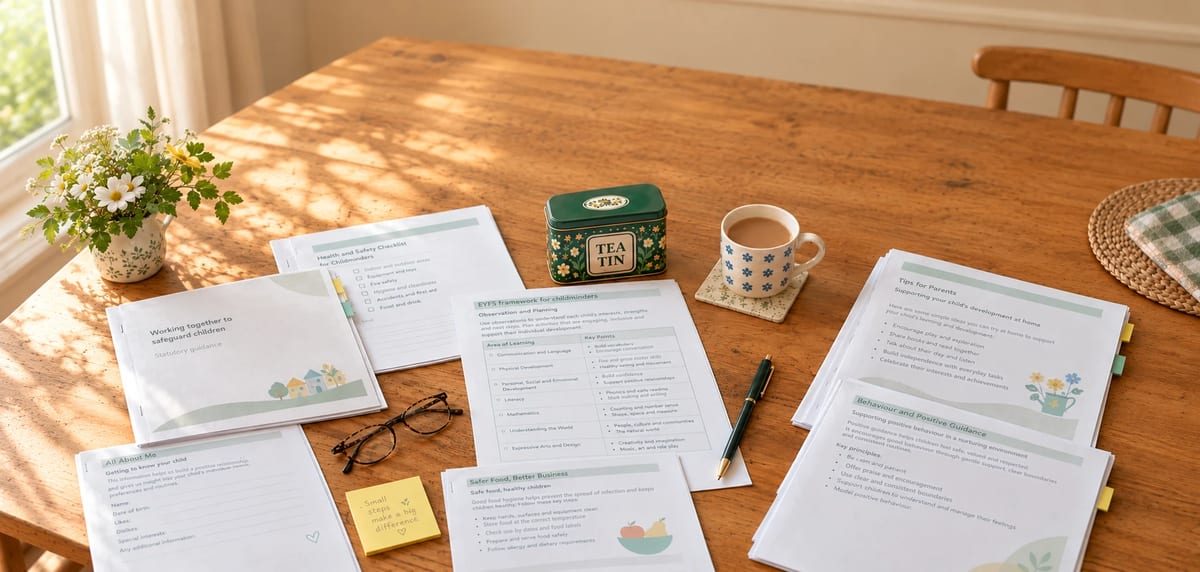 A kitchen table covered in childminding paperwork - Working together to safeguard children, the EYFS framework for childminders, Safer Food, Better Business - with reading glasses, a pen, a mug of tea and a Tea Tin.