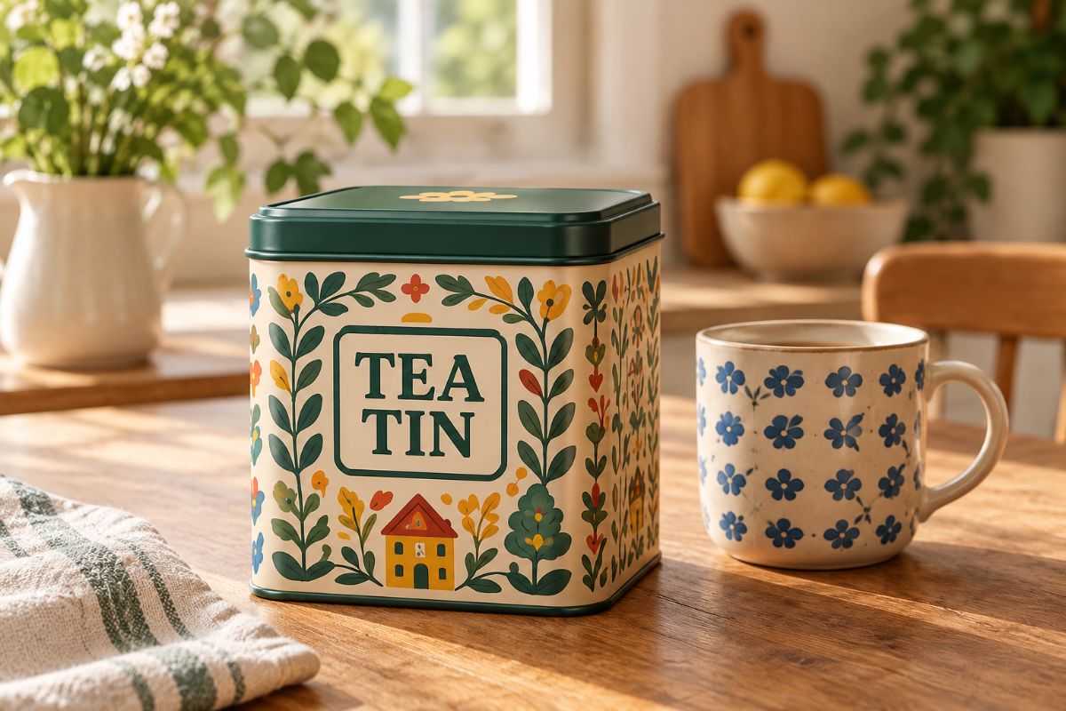 A decorated Tea Tin on a kitchen table beside a flowered mug